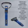The Coil'n'Carry® Strap features a blue and black ergonomic rubber grip, brass grommets, side release buckle, and durable polypropylene webbing. Labels on a gray background highlight each component's feature.