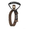 A brown, patterned Coil'n'Carry® Strap with a plastic buckle, black handle, and metal grommet.