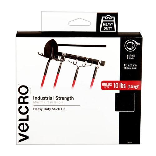 VELCRO® Brand Industrial Strength Hook and Loop Tape   Black 15 ft x 2 in roll holds up to 10 lbs Packaging is white with black and red text featuring tools hanging by Velcro strips