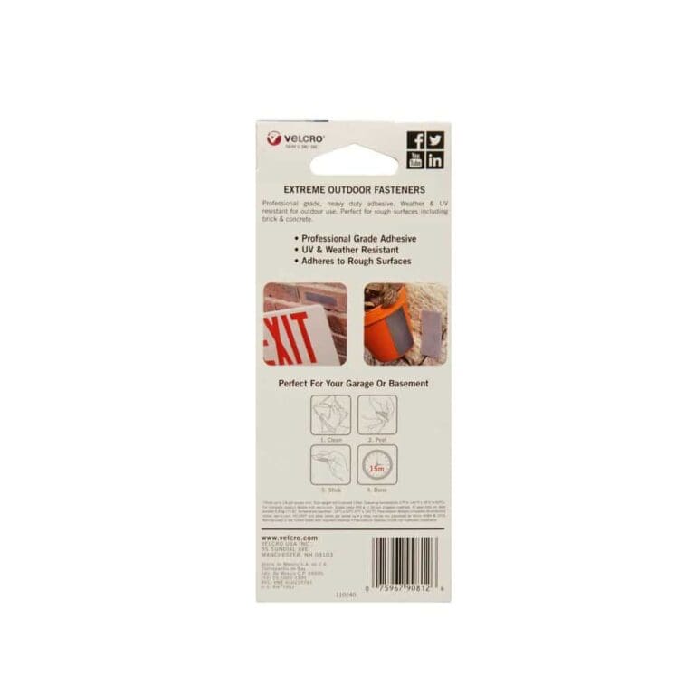 Back of VELCRO® Brand Industrial Strength Extreme Hook and Loop Strips (10 Pack) packaging shows product features, images in use, and text highlighting pro-grade adhesive, UV/weather resistance, and adherence to rough surfaces.