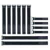 A set of ten black VELCRO® Brand VELSTRAP® Straps in three lengths each with a rectangular buckle loop at one end arranged in rows on a white background