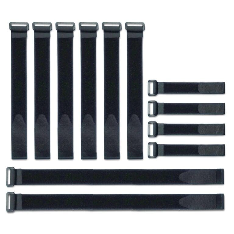 A set of ten black VELCRO® Brand VELSTRAP® Straps in three lengths each with a rectangular buckle loop at one end arranged in rows on a white background