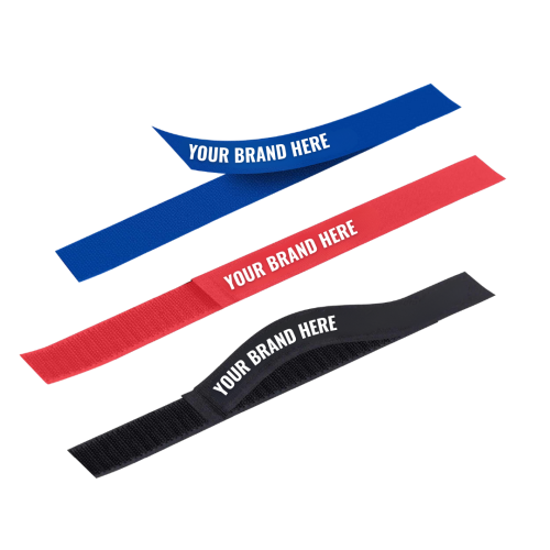 Three hookandloop straps in blue red and black each labeled YOUR BRAND HERE in white text arranged diagonally on a white background TFI Custom Fabrication Three hook and loop straps in blue red and black each labeled YOUR BRAND HERE in white text arranged diagonally on a white background