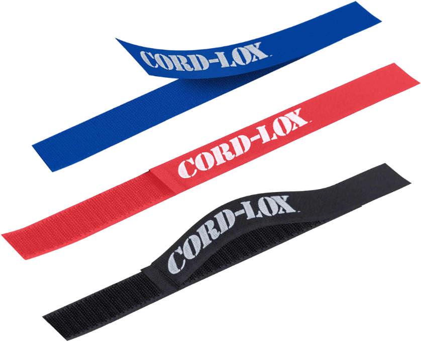 Three Velcro cable ties in blue red and black each labeled CORDLOX are arranged diagonally against a white background TFI Custom Fabrication Three Velcro cable ties in blue red and black each labeled CORD LOX are arranged diagonally against a white background