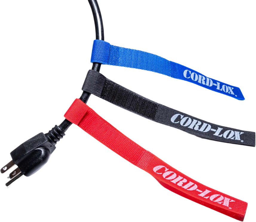 Three CORDLOX hook and loop cable ties in blue black and red secure an electrical cord with a black plug against a white background TFI Custom Fabrication Three CORD LOX hook and loop cable ties in blue black and red secure an electrical cord with a black plug against a white background