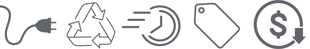 A series of icons a power plug a recycling symbol a clock with speed lines a price tag and a dollar sign with a downward arrow illustrating energy saving and cost reduction concepts