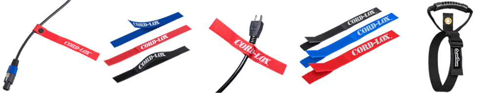 Assorted colored cable ties and straps labeled CORD LOX are wrapped around various cables and shown separately on a white background One black strap has a handle attachment