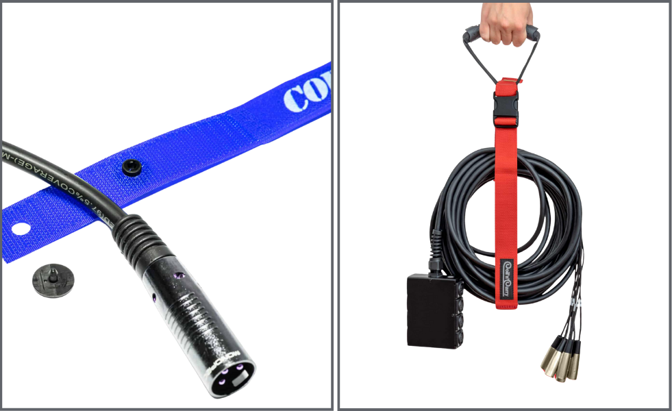 Split image Left side shows a blue cable organizer strap with a snapped button holding a black XLR cable Right side shows a hand holding a red strap neatly carrying coiled audio cables and connectors