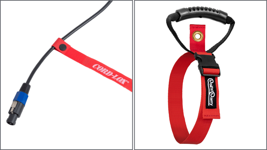 Split image left side shows a red Cord Lox cable tie securing a black cable right side shows a red Carry All handle strap with a plastic grip and buckle designed for carrying cords or cables