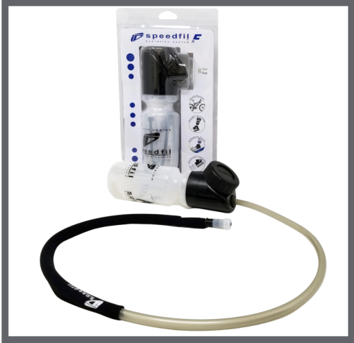 A Speedfil F hydration system is shown with its packaging a clear water bottle black cap long beige drinking tube with a black sleeve and bite valve at the endfeaturing precision die cutting for optimal fit and finish