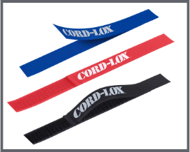 Three cord straps in blue red and black each labeled CORD LOX in white text are laid out on a light gray background