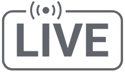 A gray icon with the word LIVE in bold capital letters Above the I are curved lines representing a broadcast or live streaming signal The design is enclosed in a rounded rectangle