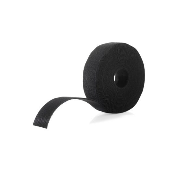 A VELCRO® Brand Fire Retardant Roll 25 yards long in black with one end partially unrolled isolated on a white background
