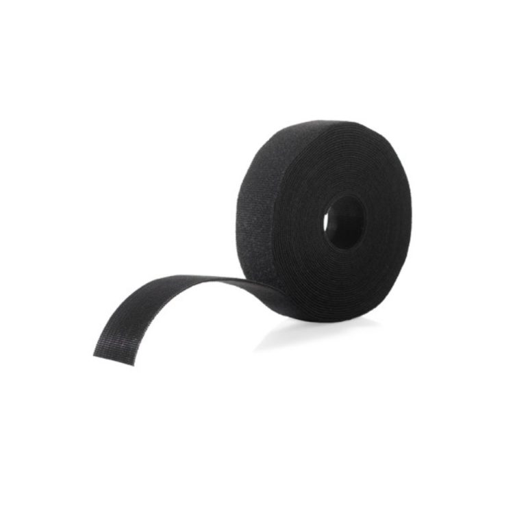 A VELCRO® Brand Fire Retardant Roll, 25 yards long, in black, with one end partially unrolled, isolated on a white background.