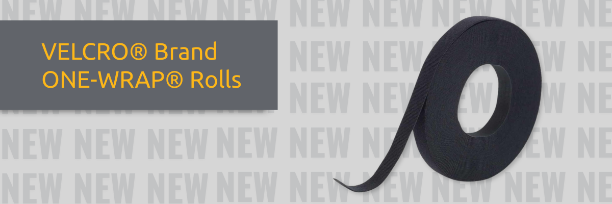 A roll of black VELCRO® Brand ONE WRAP® tape is displayed on a background patterned with the word NEW A gray box on the left contains yellow text VELCRO® Brand ONE WRAP® Rolls