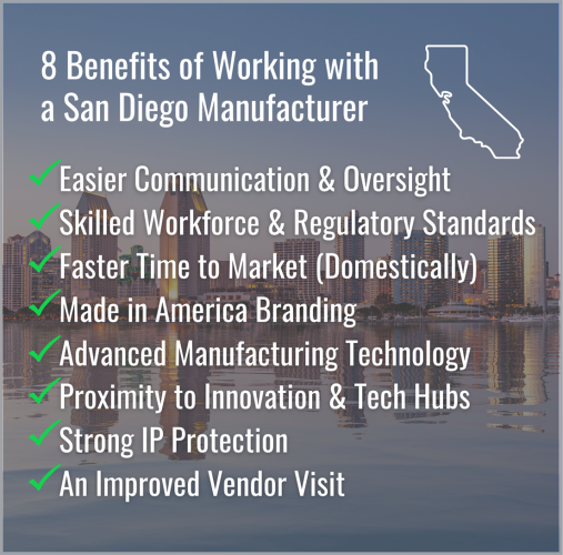 A graphic listing 8 Benefits of Working with a San Diego Manufacturer with checkmarks by each benefit set against a city skyline background and an outline of California Benefits include communication skilled workforce and more