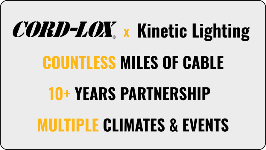 Graphic with the text CORD LOX x Kinetic Lighting COUNTLESS MILES OF CABLE 10+ YEARS PARTNERSHIP MULTIPLE CLIMATES  EVENTS