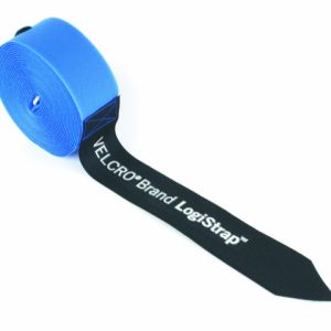 A rolled up blue VELCRO Brand LogiStrap with a pointed black end displaying the white text VELCRO Brand LogiStrap