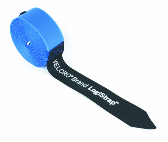 A rolled up blue VELCRO Brand LogiStrap with a pointed black end displaying the white text VELCRO Brand LogiStrap