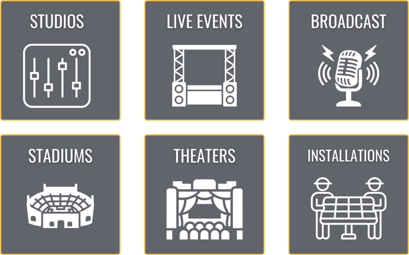 Six gray icons representing studios sound mixers live events stage broadcast microphone stadiums arena theaters stage with seats and installations two people at a table with equipment