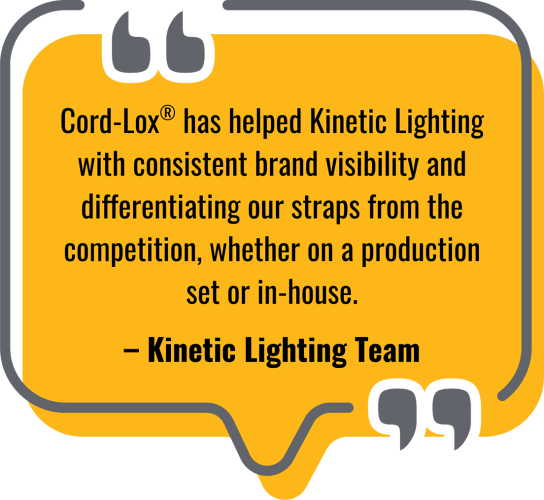 A yellow quote box with large gray quotation marks contains a testimonial from the Kinetic Lighting Team praising Cord Lox for brand visibility and product differentiation on sets and in house