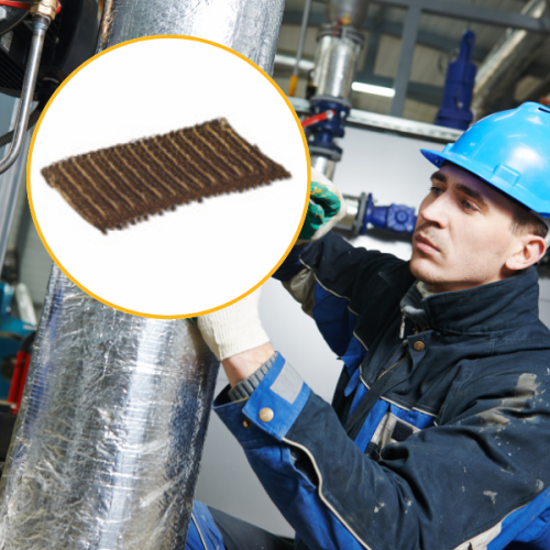 A worker in a blue hard hat installs insulation on a metal pipe using VELCRO® Brand HI GARDE® Fasteners An inset shows a close up of a brown wire brush likely used to clean the pipe before attaching the fasteners