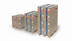 Three pallets of brown cardboard boxes each secured with VELCRO® Brand LOGISTRAP® Pallet Straps in orange and blue are stacked in increasing height from left to right against a white background
