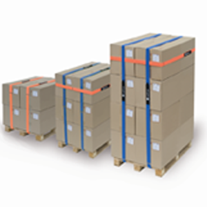 Three stacks of cardboard boxes each secured with VELCRO® Brand LOGISTRAP® Pallet Straps in orange and blue are placed on wooden pallets The stacks increase in height from left to right against a plain white background