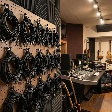 A recording studio features guitars on stands a mixing console speakers drums soundproofed walls and XLR cables neatly hung with CordLox® HangMaster™ HeavyDuty Hook Loop Cable Hanging Storage Straps against a wooden floor TFI Custom Fabrication A recording studio features guitars on stands a mixing console speakers drums soundproofed walls and XLR cables neatly hung with Cord Lox® HangMaster™ Heavy Duty Hook Loop Cable Hanging Storage Straps against a wooden floor