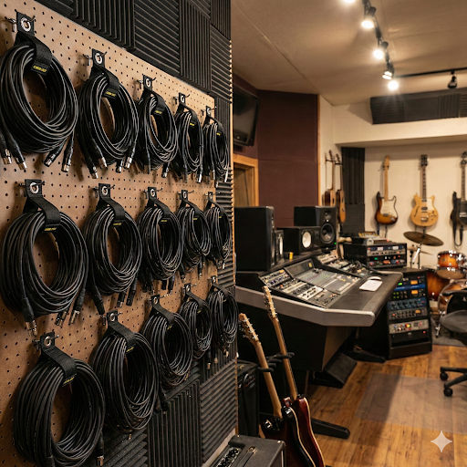 A recording studio features guitars on stands a mixing console speakers drums soundproofed walls and XLR cables neatly hung with Cord Lox® HangMaster™ Heavy Duty Hook  Loop Cable Hanging  Storage Straps against a wooden floor