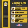 A black Cord Lox® HangMaster™ ProSeries strap with a stainless steel grommet is shown beside text ideal for hanging weatherproof easy pull tab pro grade hook  loop and made in the USA