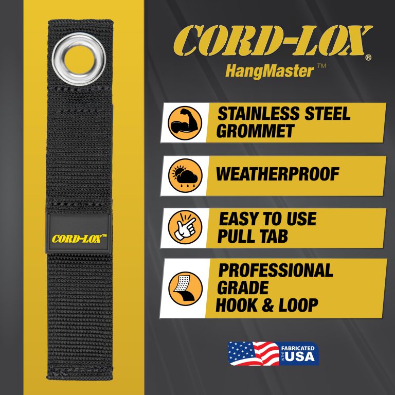 A black Cord Lox® HangMaster™ ProSeries strap with a stainless steel grommet is shown beside text ideal for hanging weatherproof easy pull tab pro grade hook  loop and made in the USA