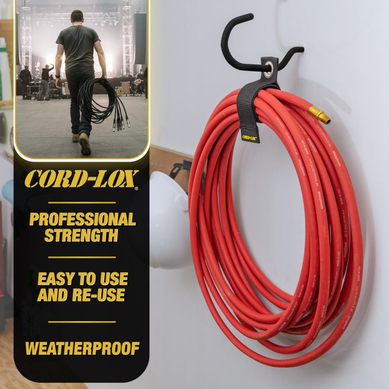 A man carries a coiled cord with a Cord Lox® HangMaster™ Heavy Duty Strap while a red hose hangs neatly nearby Text notes the ProSeries is professional strength weatherproof and easy to use or re use for cable and hose storage