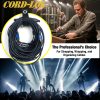 Promotional image for Cord Lox® HangMaster™ ProSeries showing a coiled cable with the strap workers organizing cables and a live band highlighting heavy duty hook  loop straps for XLR cable storage and professional cable management