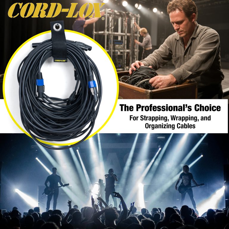 Promotional image for Cord Lox® HangMaster™ ProSeries showing a coiled cable with the strap workers organizing cables and a live band highlighting heavy duty hook  loop straps for XLR cable storage and professional cable management