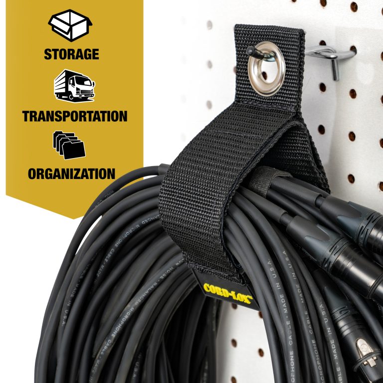 A Cord Lox® HangMaster™ ProSeries strap secures a coiled black cable on a pegboard The yellow panel lists features Storage Transportation Organizationideal for XLR cable storage with this heavy duty hook  loop hanging solution