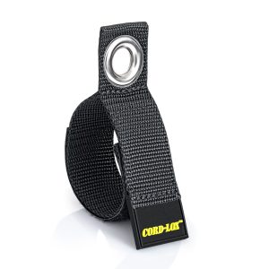 The Cord Lox® HangMaster™ ProSeries is a heavy duty hook  loop cable hanging and storage strap with a metal grommet and yellow logo tagideal for securing XLR cables or organizing air hoses