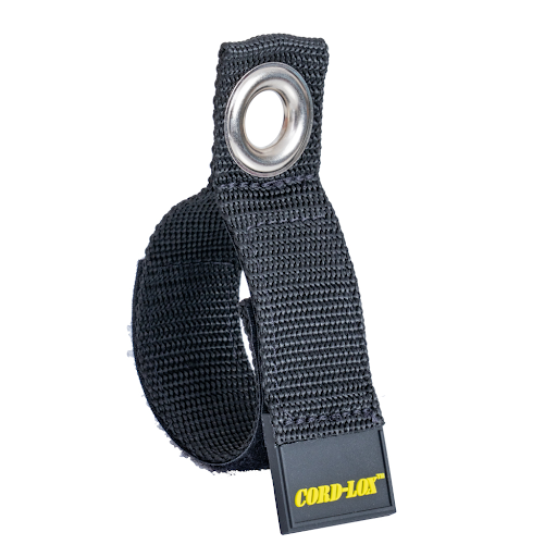The Cord Lox® HangMaster™ ProSeries is a black fabric cable management strap with a metal grommet and yellow plastic label ideal for organizing or hanging XLR cables or air hoses with its heavy duty looped design