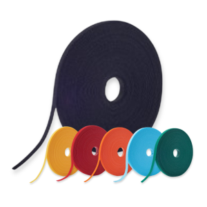 Six rolls of colored VELCRO® Brand ONE-WRAP®, shown on a white background.  The largest roll is black and in the back, while the smaller rolls in front are yellow, red, orange, blue, and green, each with a loose end extending outward.